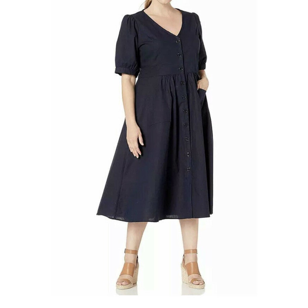 City Chic M/18 Dress Luca Navy Blue Linen Blend